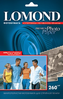 Фотобумага LOMOND суперглянцевая для струйной фотопечати А6, 260г/м.,20л.