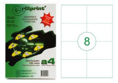 Этикетки самоклеющиеся универсальные Rillprint  А4, 99,1x67,7 мм., 8 этикеток на листе, упаковка – 100 листов.