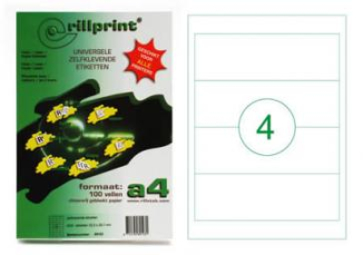 Rillprint этикетки самоклеющиеся универсальные, А4,  192x62 мм., 4 этикетки на листе, со скругленными краями, упаковка – 100 л