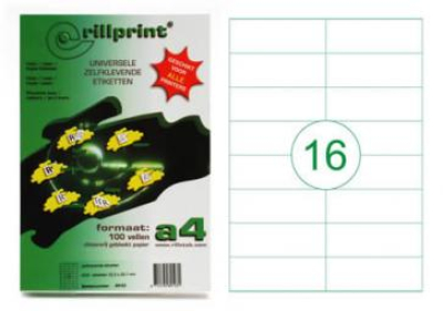 Rillprint этикетки самоклеющиеся универсальные, А4, 105x37 мм., 16 этикеток на листе, упаковка – 100 листов.